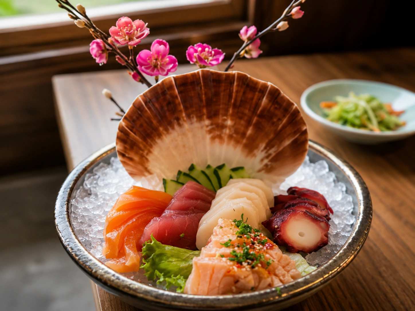 Fresh sashimi bowl with blossom branches