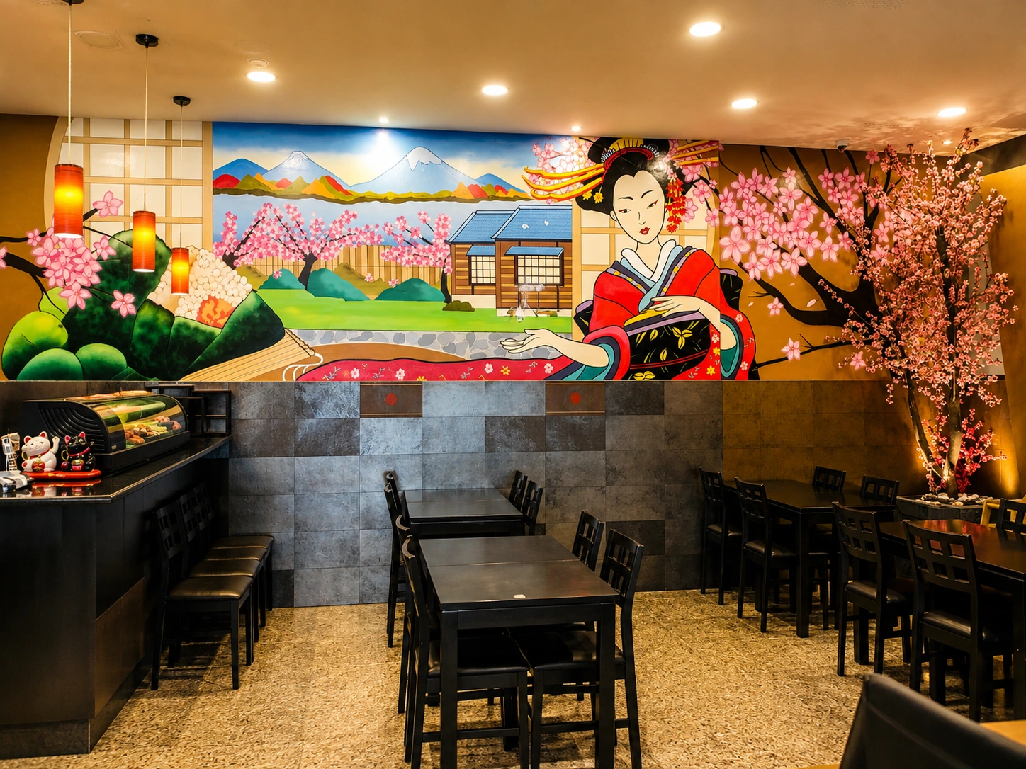 Dining room and Japanese mural at Sakura Infante Santo